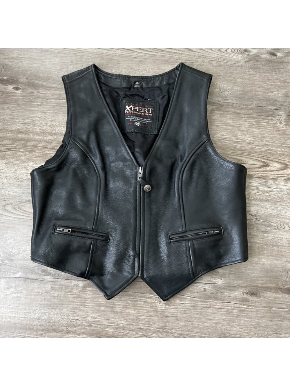 XPERT Performance Gear Mens L/XL Black Leather Motorcycle Vest Full Zip Biker